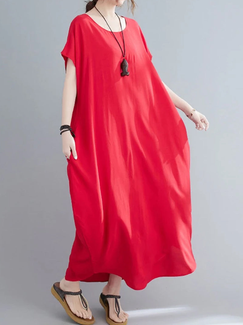 Cotton Round Neck Short Sleeve Cocoon Midi Dress 13