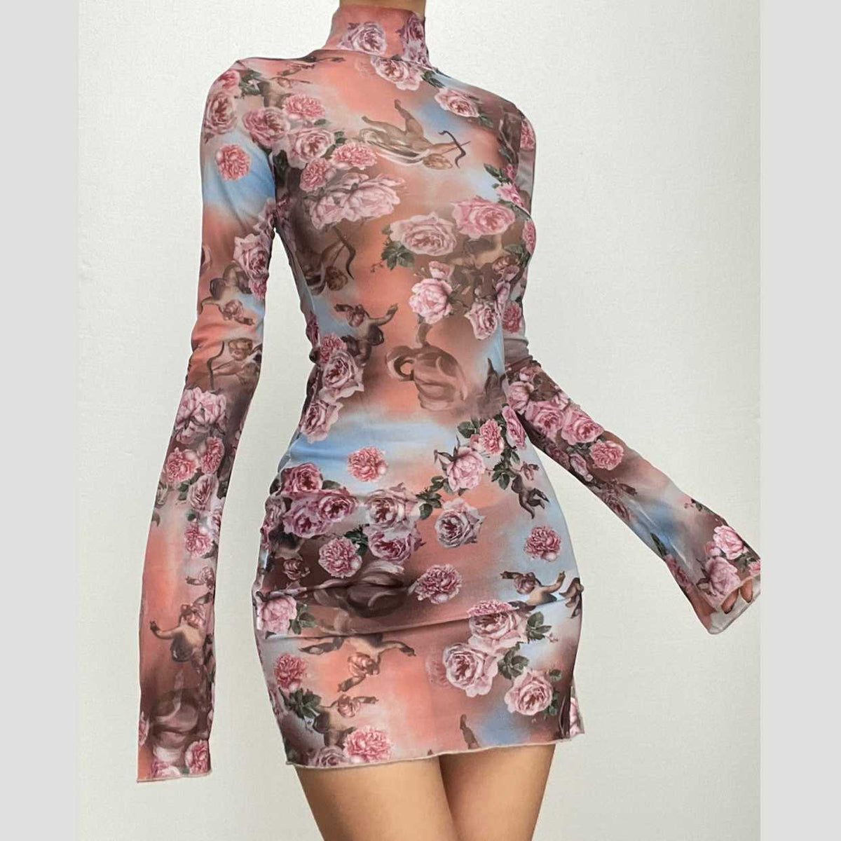 Floral Mesh High Neck Long Sleeve Sheer Bodycon Mini Dress