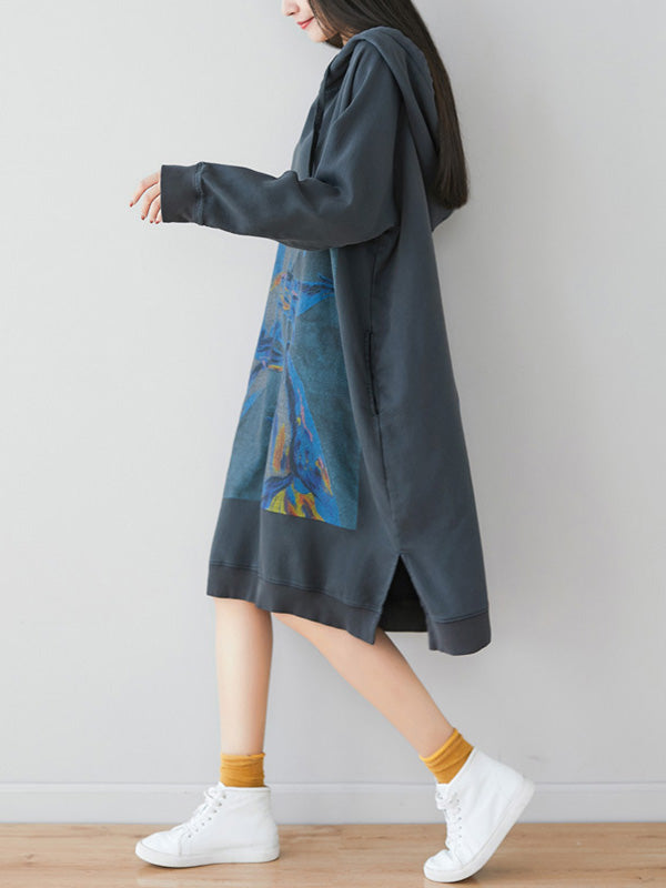 Loose Ethnic Floral Hooded Sweatshirt Dress - Fashionpara