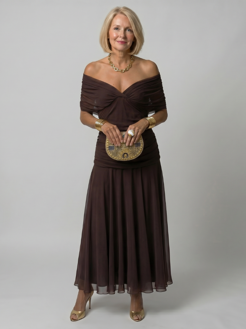 Floral Off Shoulder Ruched Chiffon Maxi Dress 9