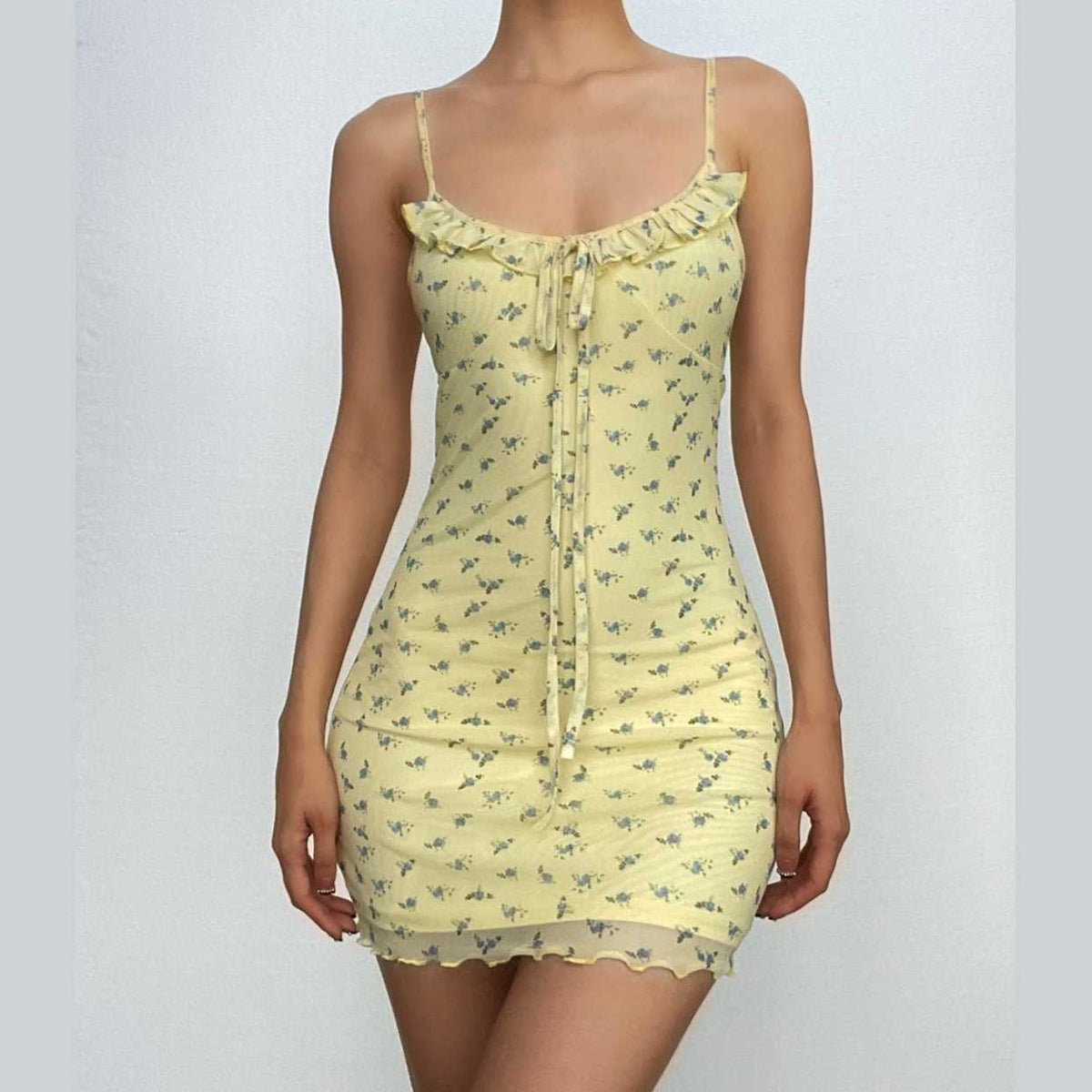 Mesh Floral Print Spaghetti Strap Ruffle Tie Front Bodycon Mini Dress