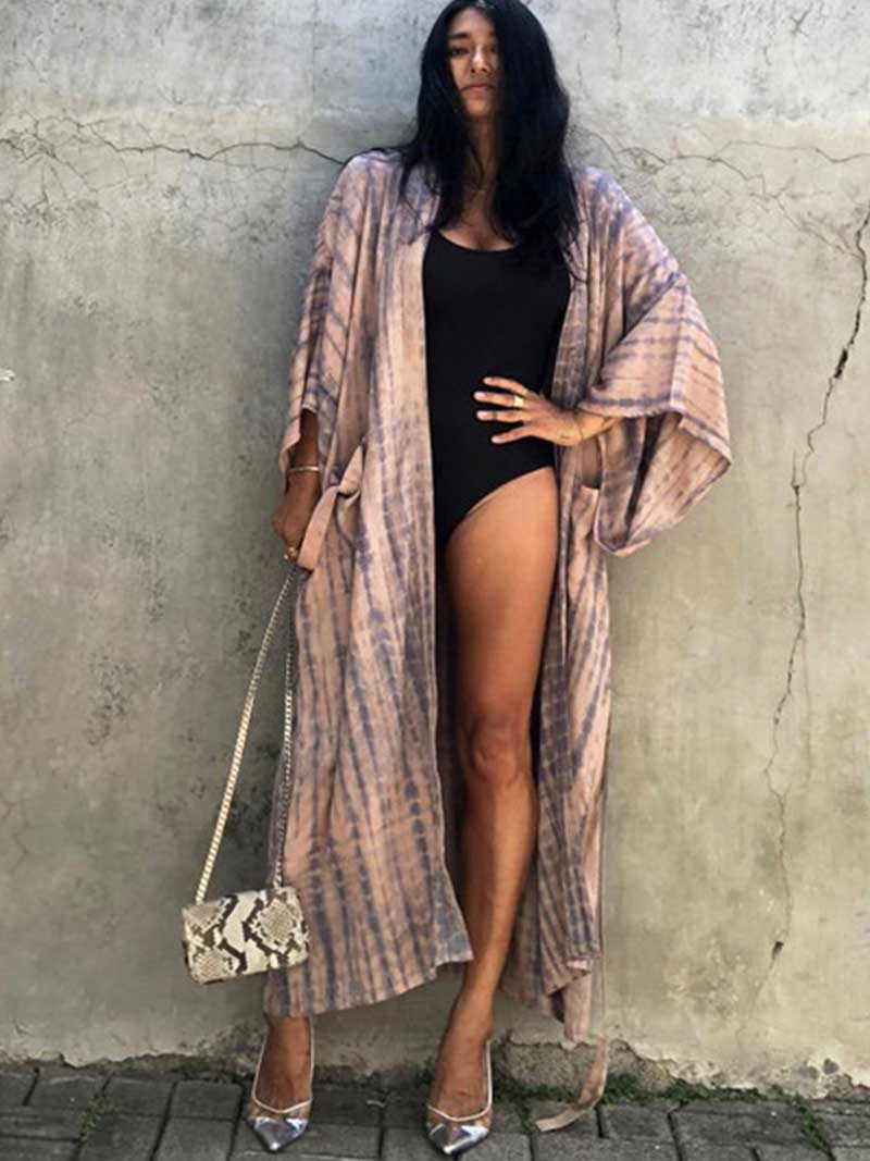 Tie-Dye Print Different Color Rayon Long Length Gown Kimono Duster Robe - Fashionpara