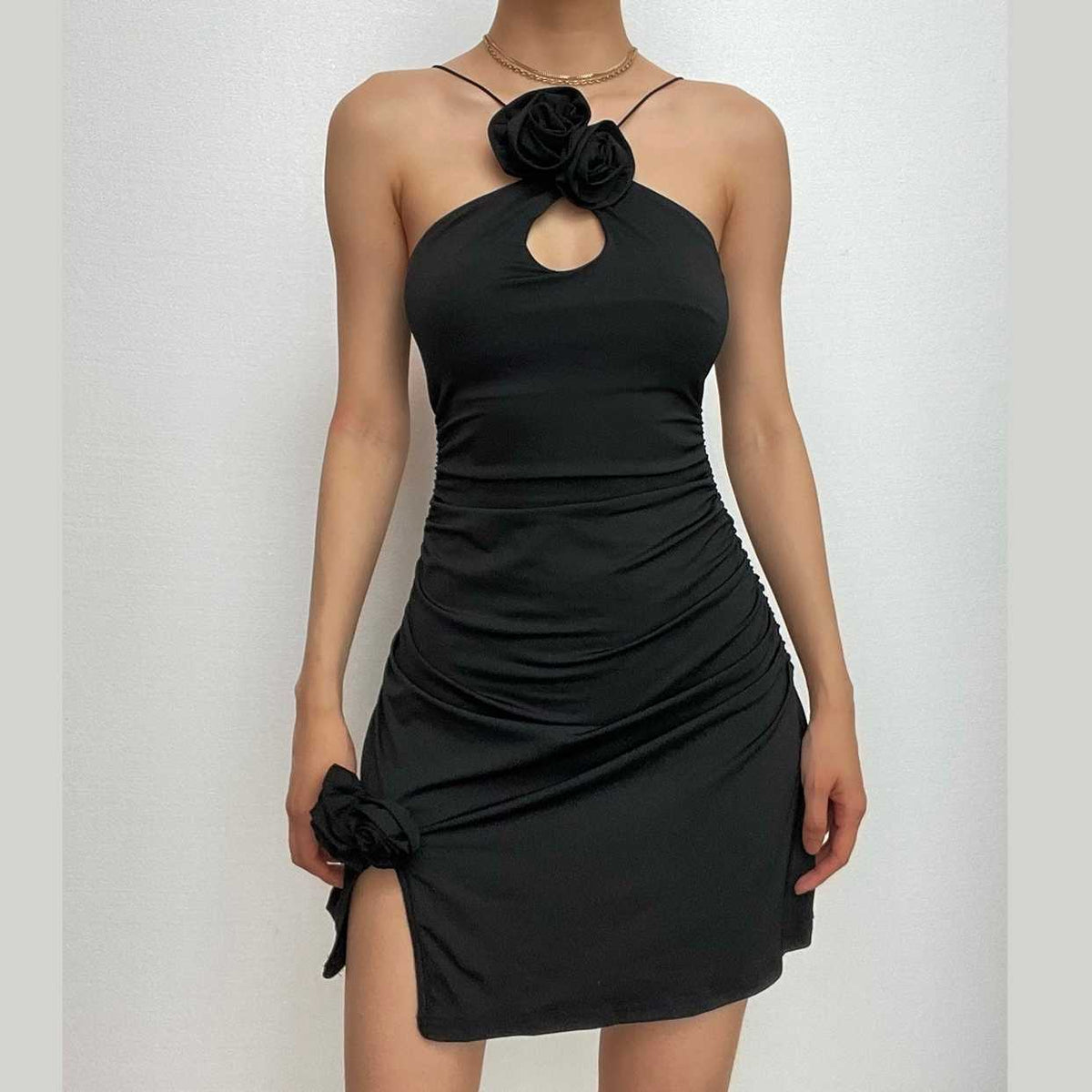 Rosette Appliqué Halter Cut Out Ruched Bodycon Mini Dress