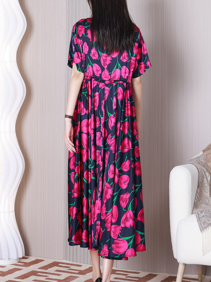 Floral Print Round Neck Short Sleeve Pleated Midi Dress 5