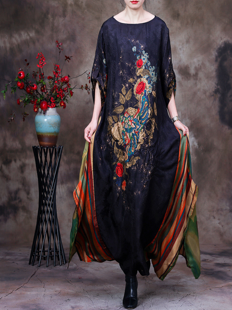 Floral Jacquard Round Neck Batwing Striped-Panel Maxi Dress