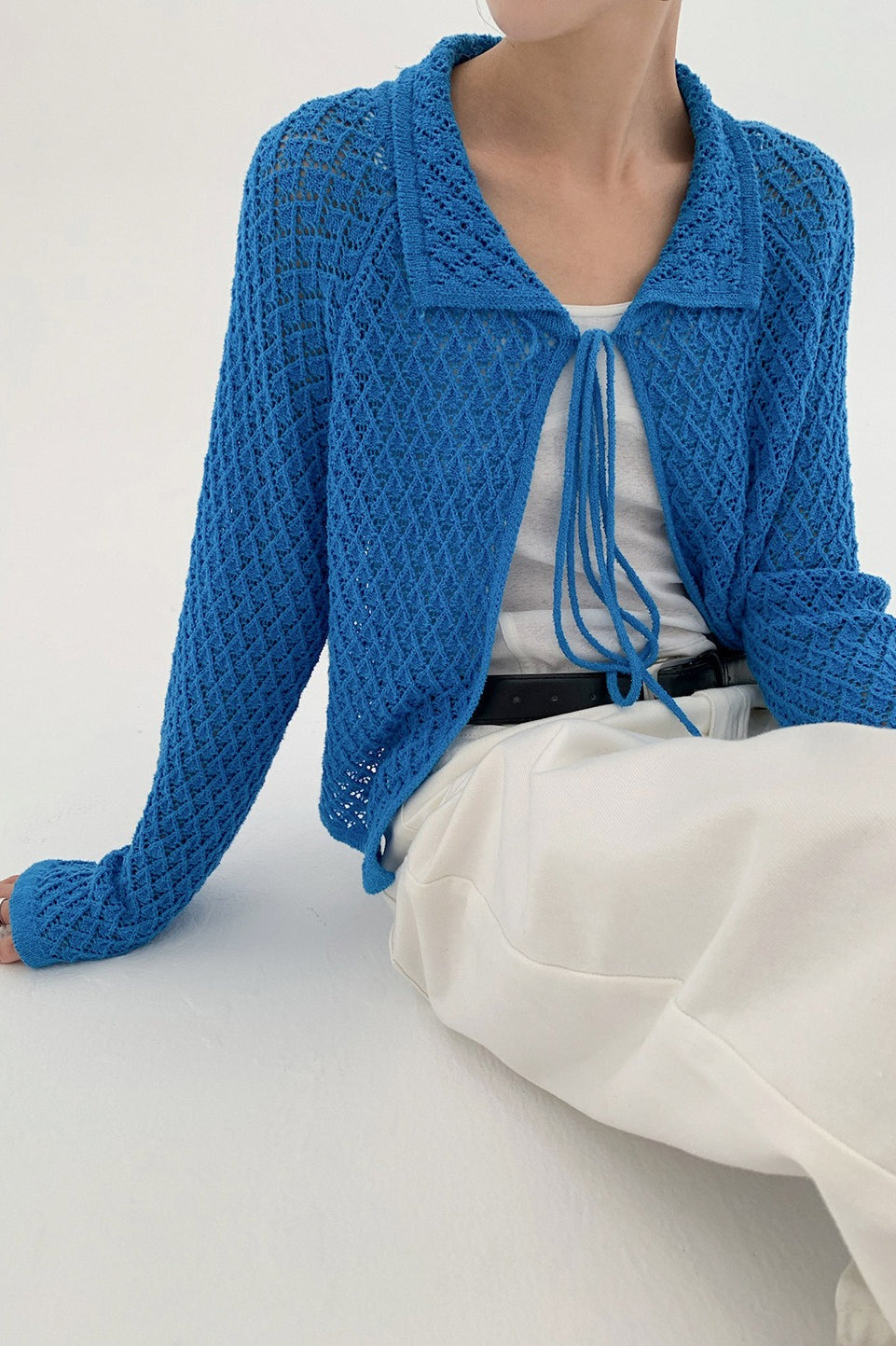 Hollow-Out Long Sleeve Tie-Waist Knit Cardigan for Style