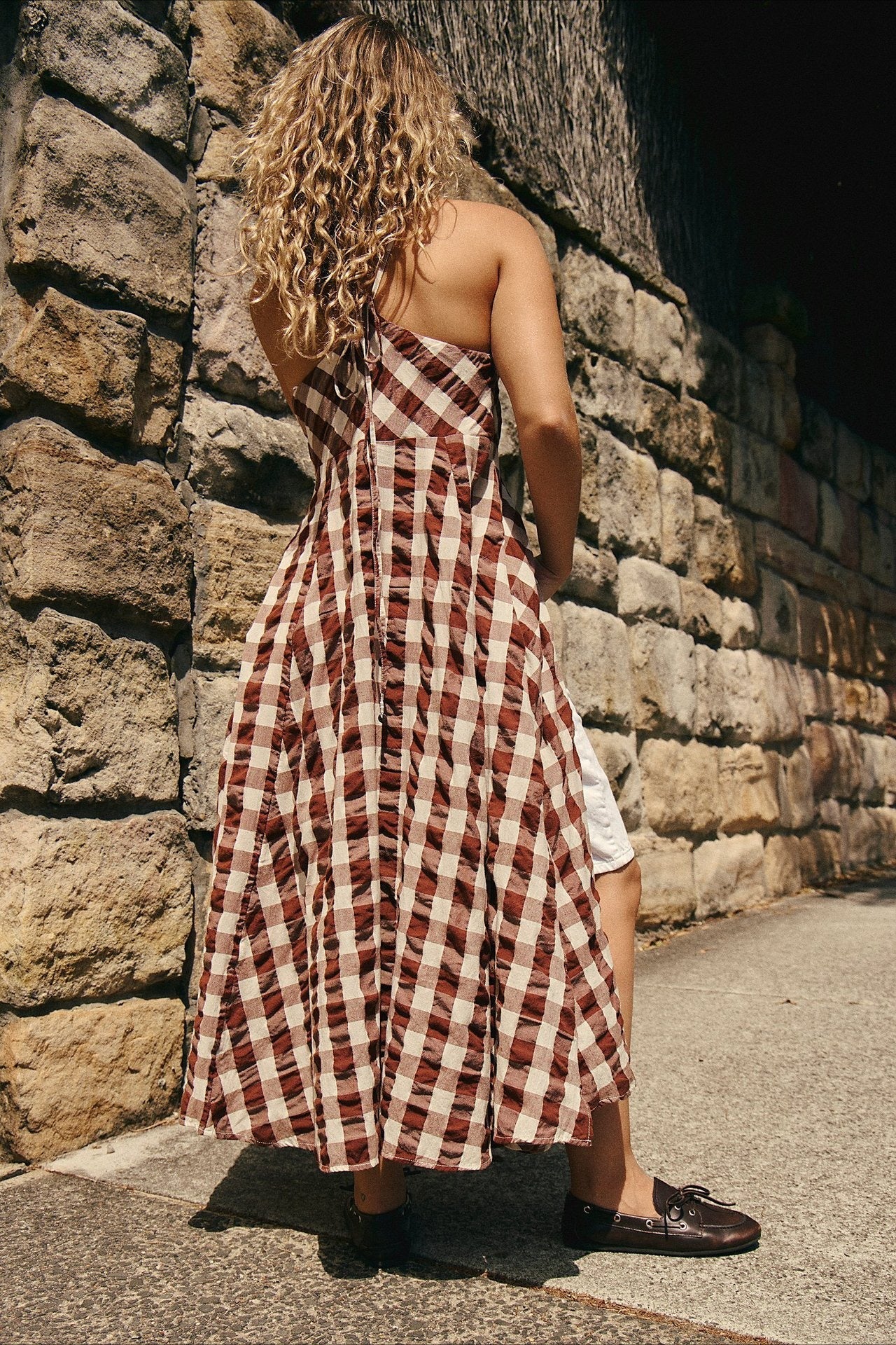 Chic Plaid Buttoned Halter Midi Dress