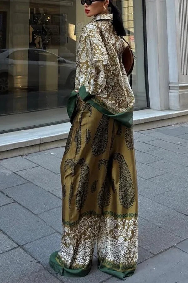 Naya Satin Contrast Color Paisley Long Sleeve Shirt and Elastic Waist Pocketed Pants Set - Fashionpara