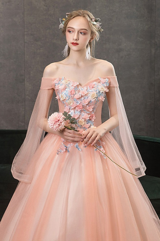 Floral Appliqué Tulle Off Shoulder Long Sleeve Ball Gown 3