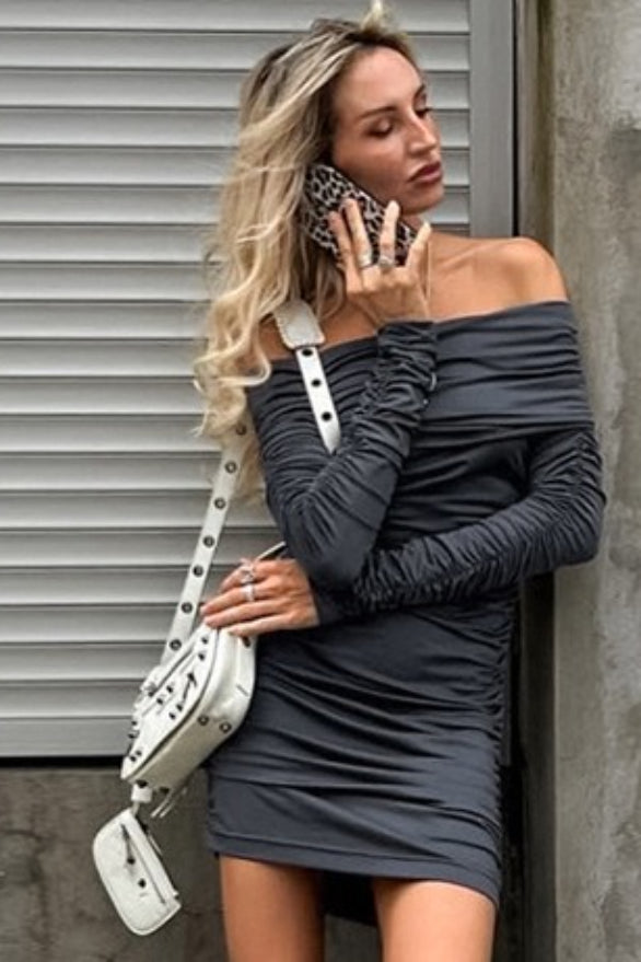 Off Shoulder Long Sleeve Ruched Bodycon Mini Dress