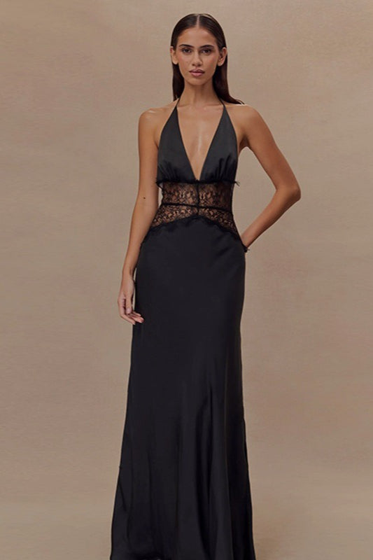 Satin Halter Deep V-Neck Lace Trim Backless Maxi Dress