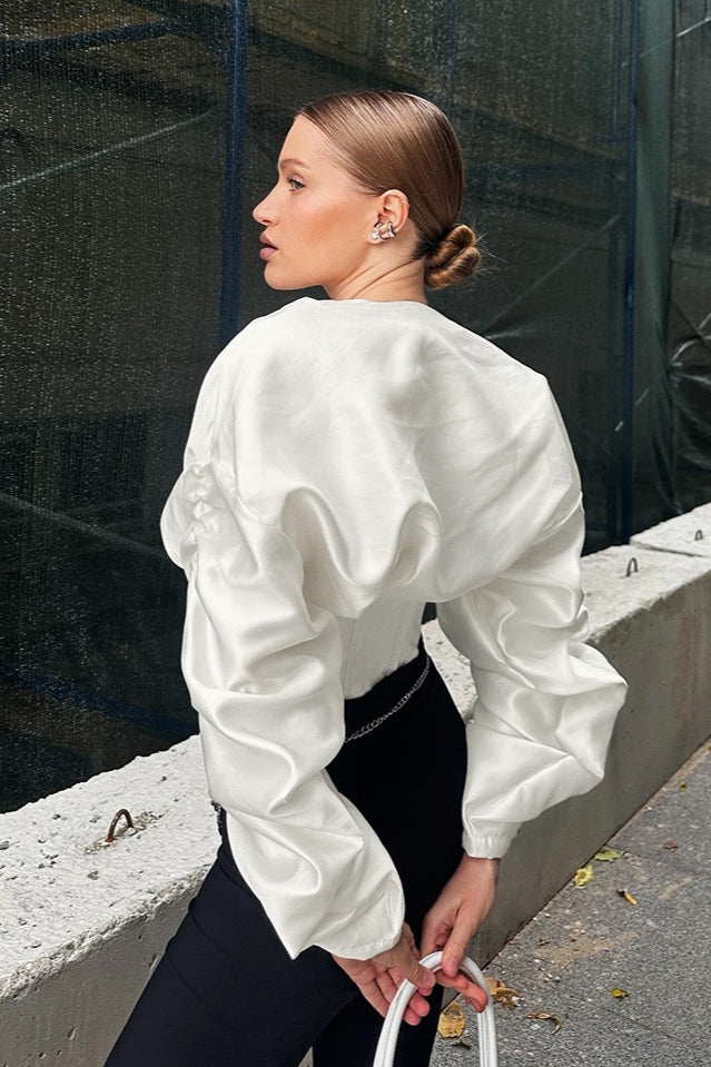 Ruched Round Neck Long Sleeve Blouse