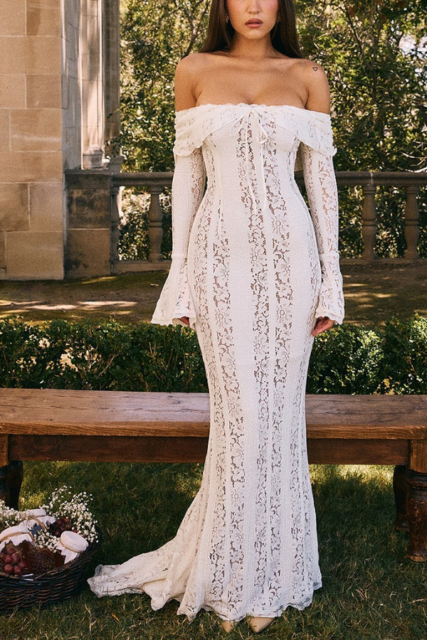 Leila Off Shoulder Floral Lace Flared Sleeve Fishtail Maxi Dress