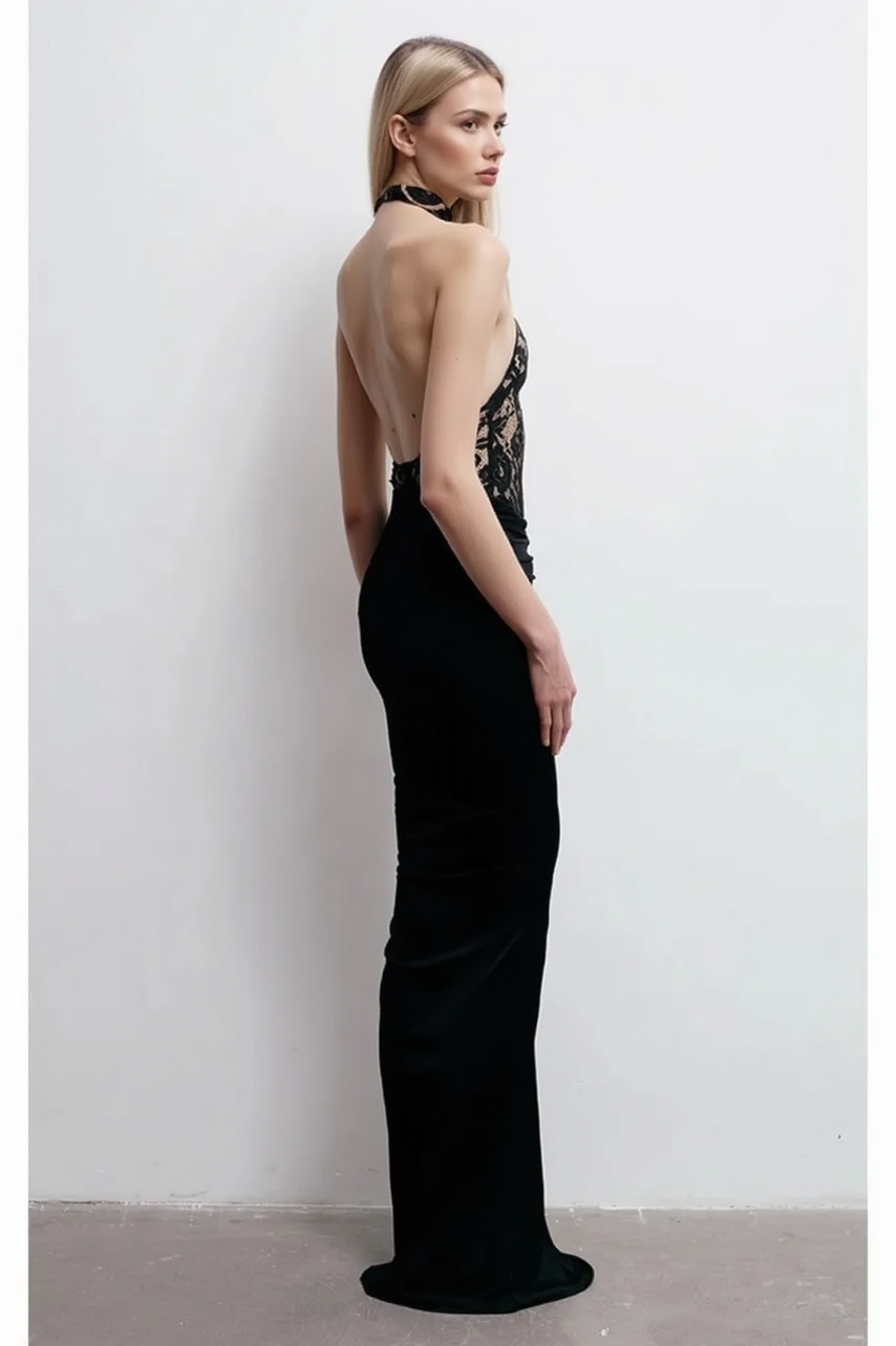 Halter Neck Lace Bodice Backless Ruched Maxi Gown 3
