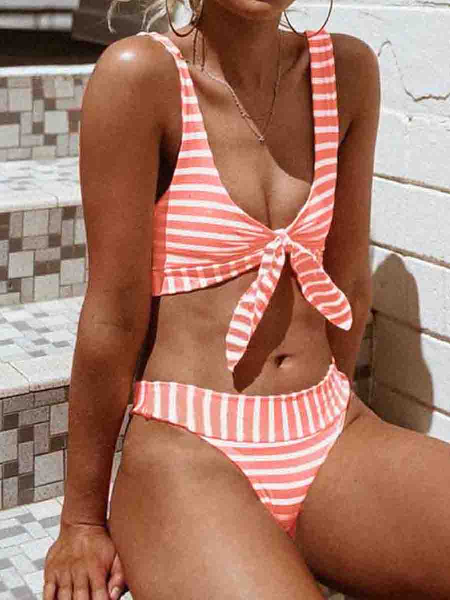 Knot Striped Two Pieces Swimsuit - Fashionpara