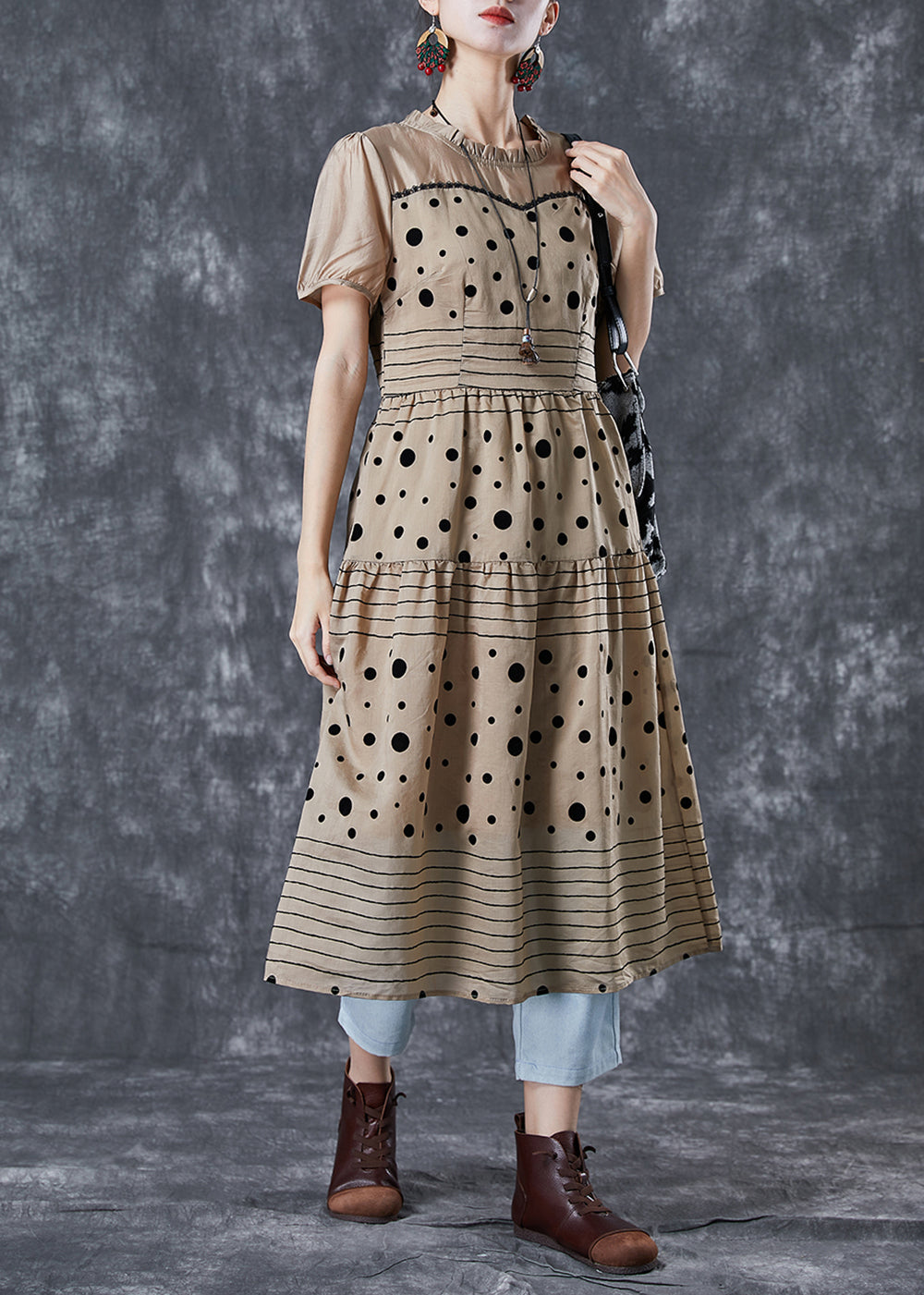 Polka Dot Stripe Patchwork Ruffle Neck Short Sleeve Tiered Midi Dress
