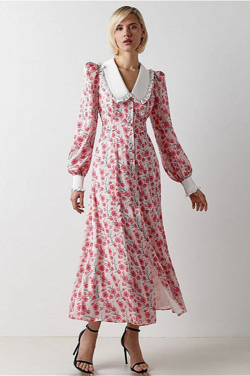 Floral Print Collared Long Sleeve Maxi Dress 8