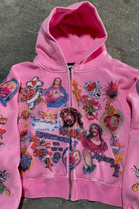 Retro Pattern Printed Loose Hoodie 2