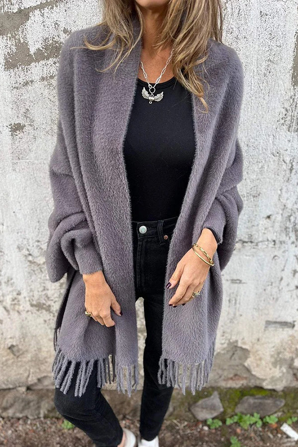 Relaxed Knit Plush Shawl Cardigan with Tassel Trim