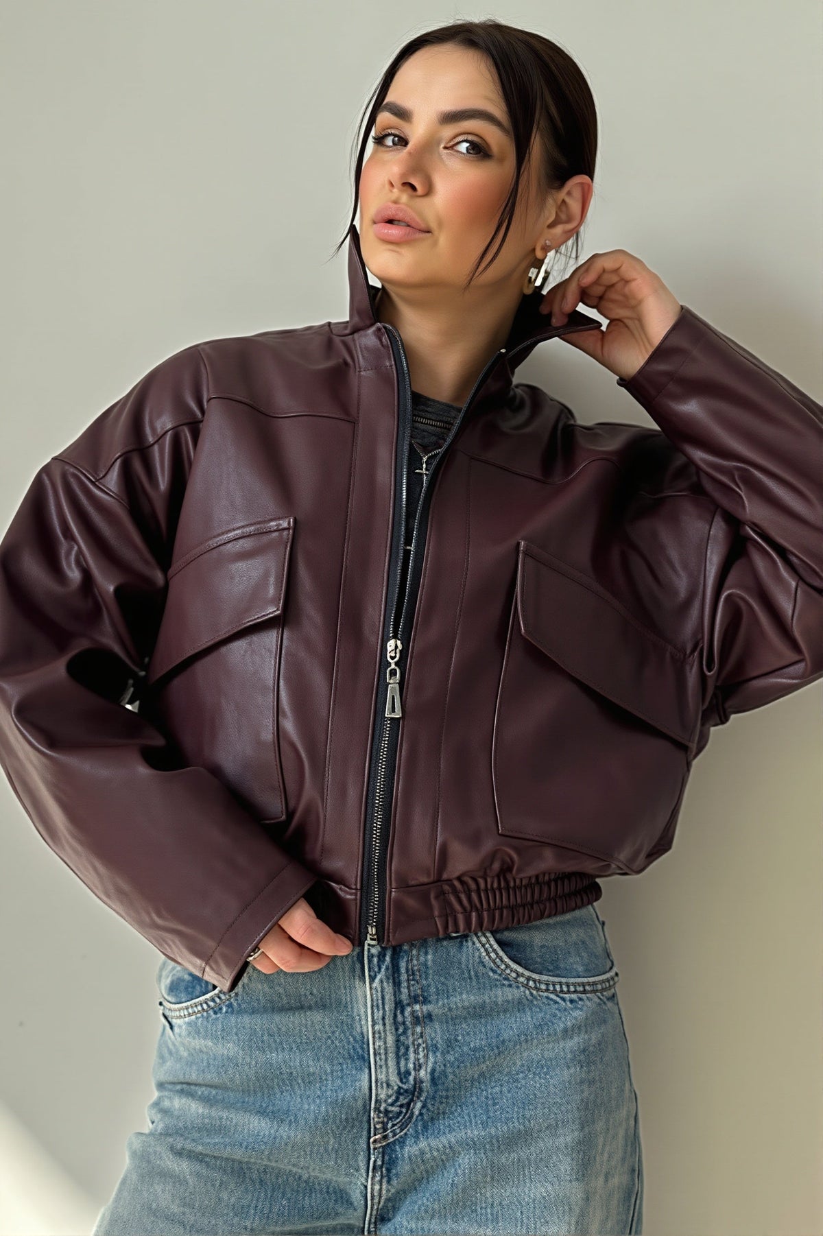 Washed Faux Leather Utility Bomber Jacket 5