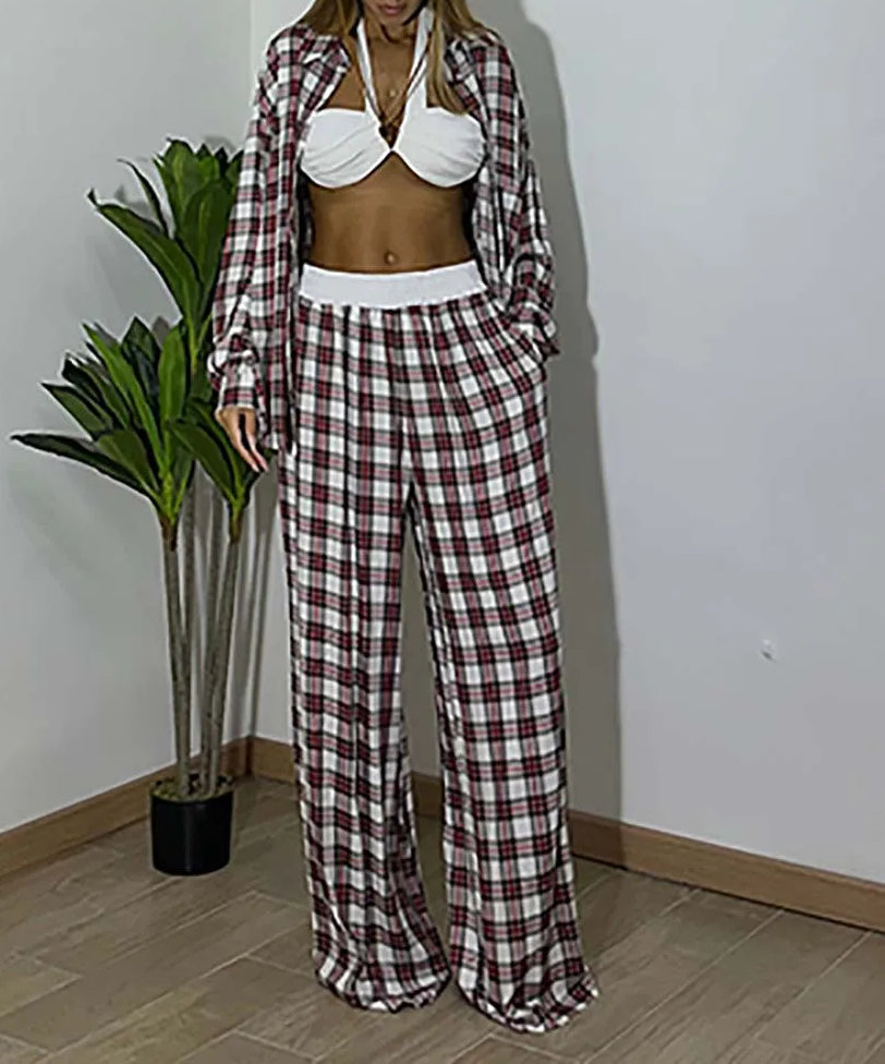 Red Print Button Shirt Trousers Office Two Piece Set