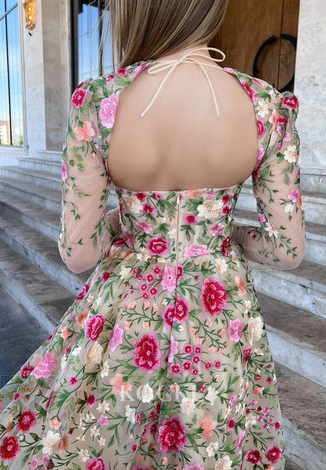 Long Sleeve Queen Anne Floral Appliqued Pleated Prom Dresses
