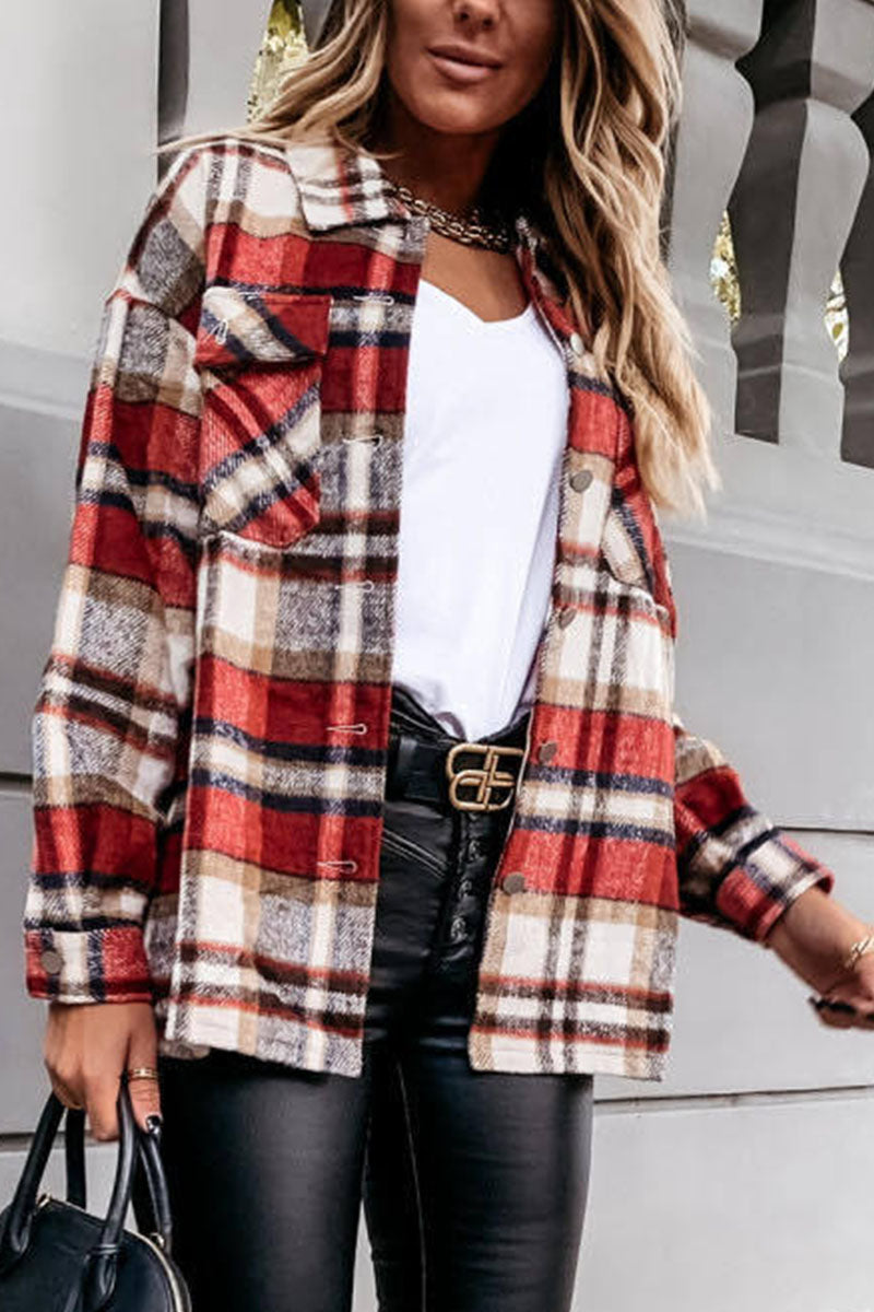 Fashion Daily Adult Plaid Cardigan Turndown Collar Blouses(3 Colors) - Fashionpara