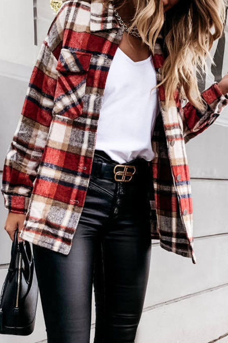 Fashion Daily Adult Plaid Cardigan Turndown Collar Blouses(3 Colors) - Fashionpara