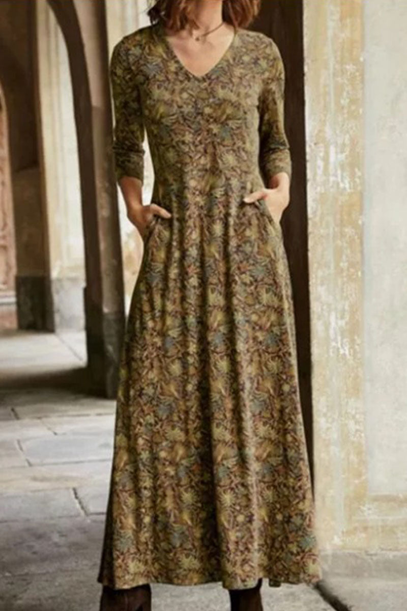 Casual Print Patchwork V Neck A Line Dresses(4 Colors) - Fashionpara