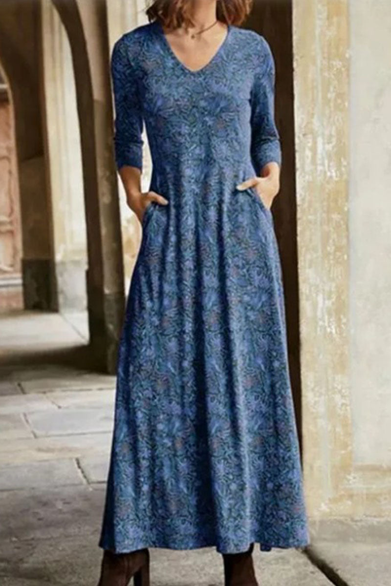 Casual Print Patchwork V Neck A Line Dresses(4 Colors) - Fashionpara