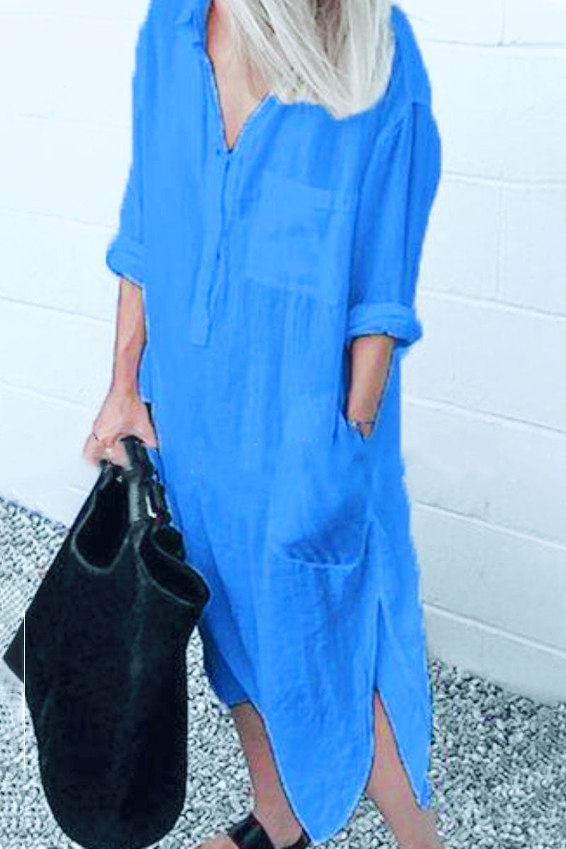 Fashion Street Solid Turndown Collar Shirt Dress Dresses - Fashionpara