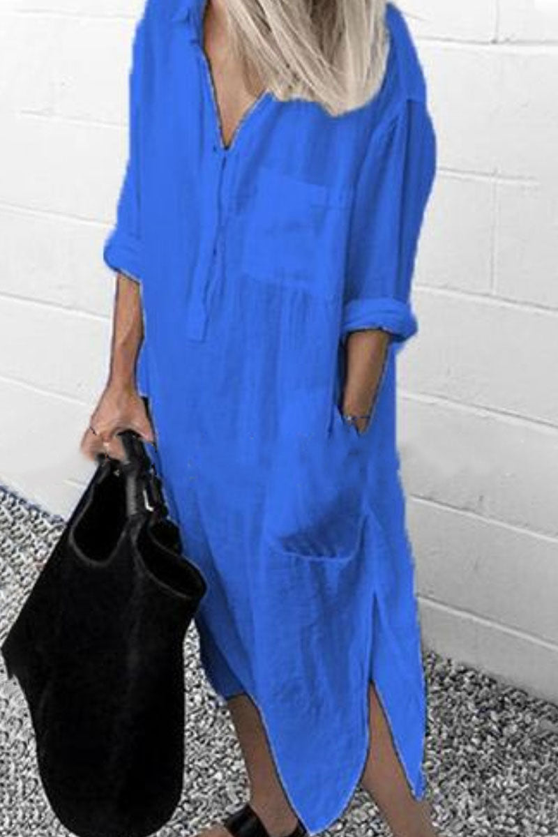 Fashion Street Solid Turndown Collar Shirt Dress Dresses - Fashionpara