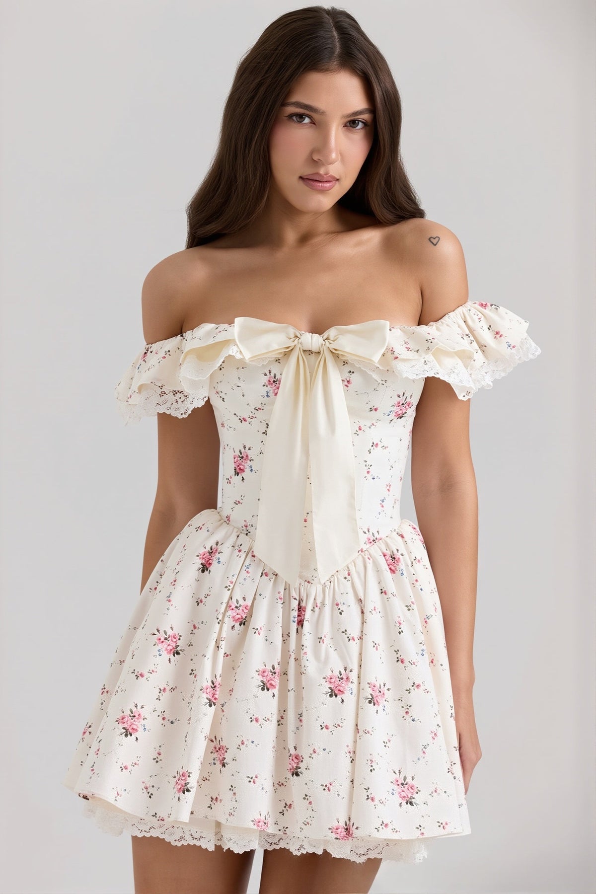Floral Off Shoulder Bow Front Corset Mini Dress