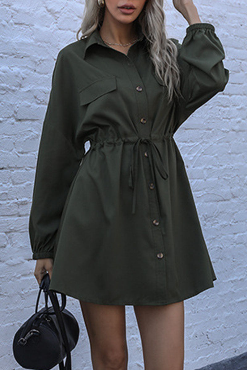 Fashion Street Solid Patchwork Turndown Collar A Line Dresses - Fashionpara