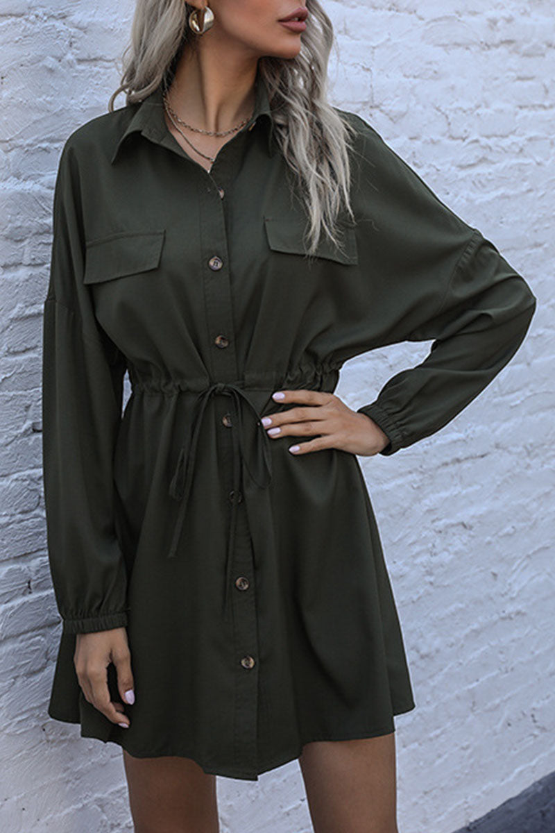 Fashion Street Solid Patchwork Turndown Collar A Line Dresses - Fashionpara