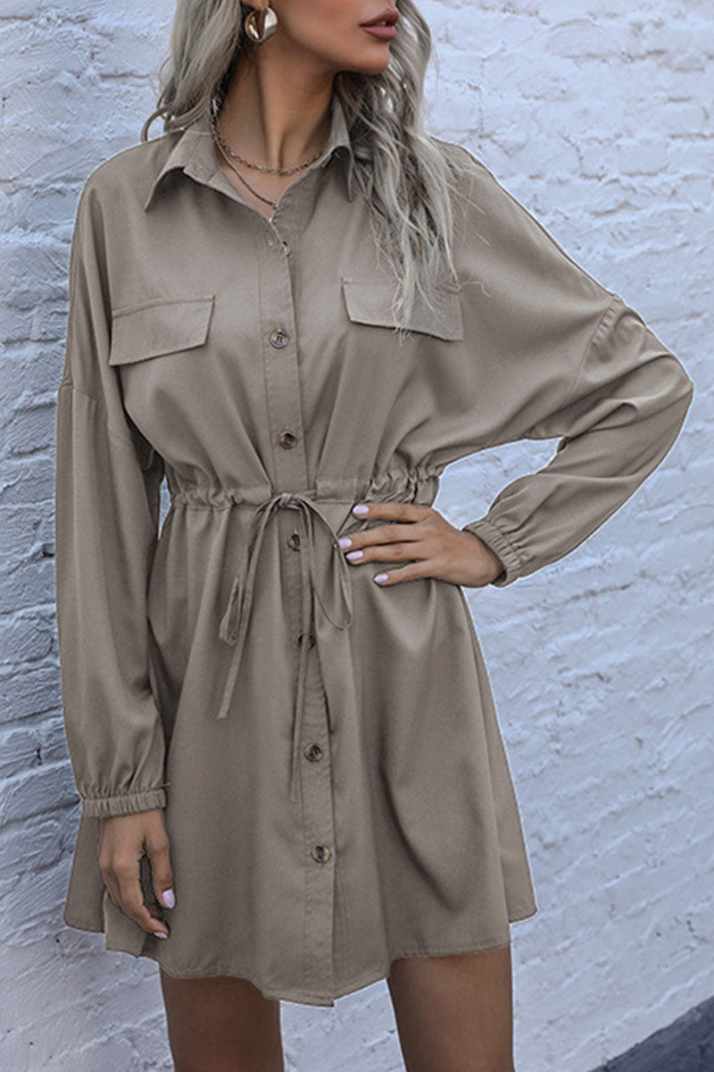 Fashion Street Solid Patchwork Turndown Collar A Line Dresses - Fashionpara