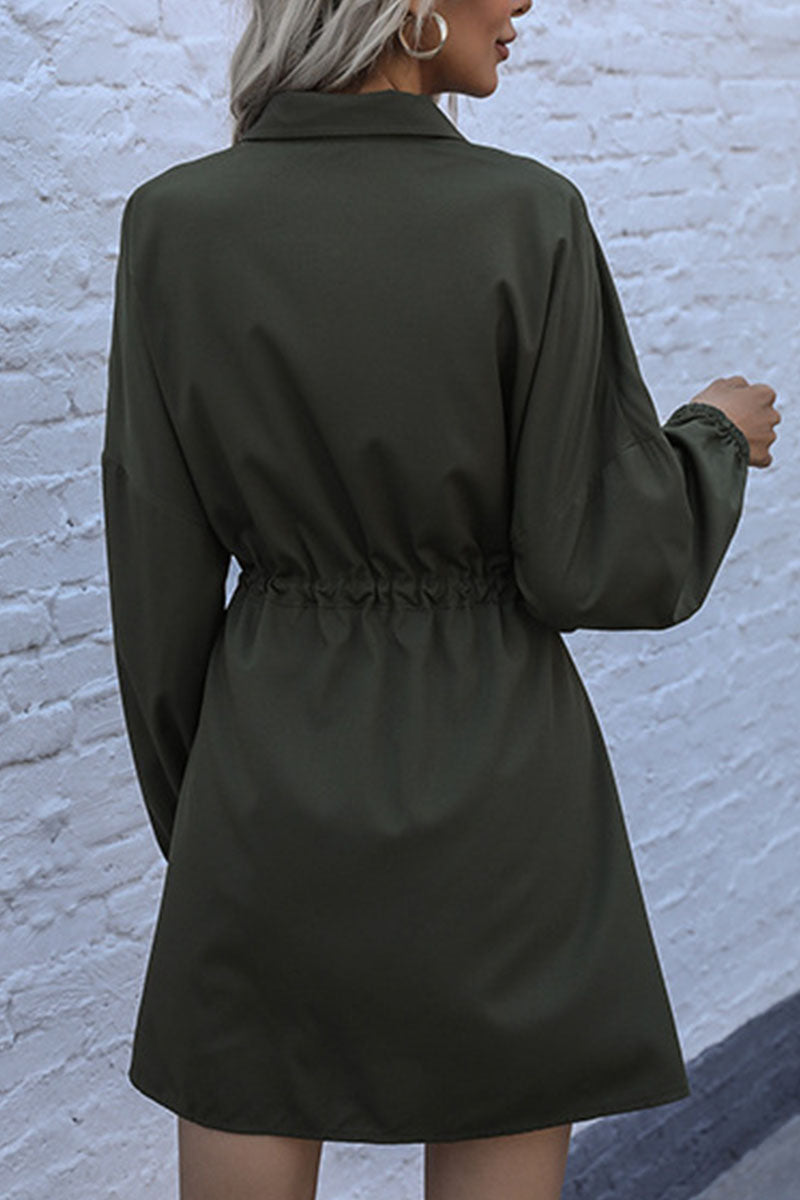 Fashion Street Solid Patchwork Turndown Collar A Line Dresses - Fashionpara