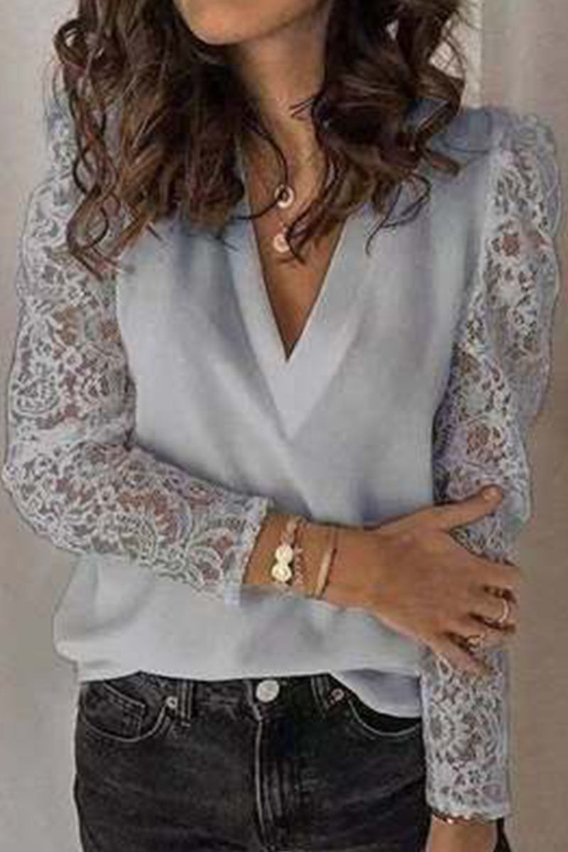 Fashion Street Solid Patchwork V Neck Tops - Fashionpara