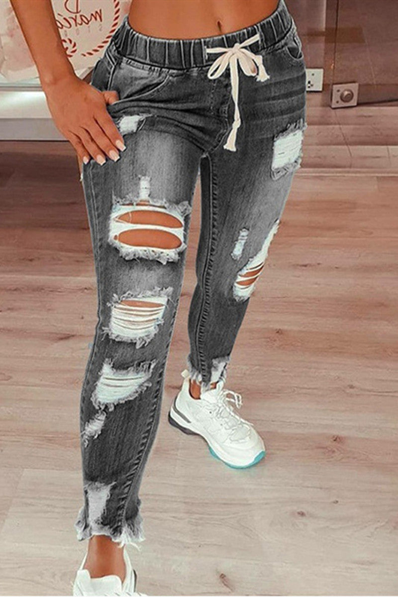 Fashion Casual Solid Ripped Mid Waist Regular Jeans - Fashionpara