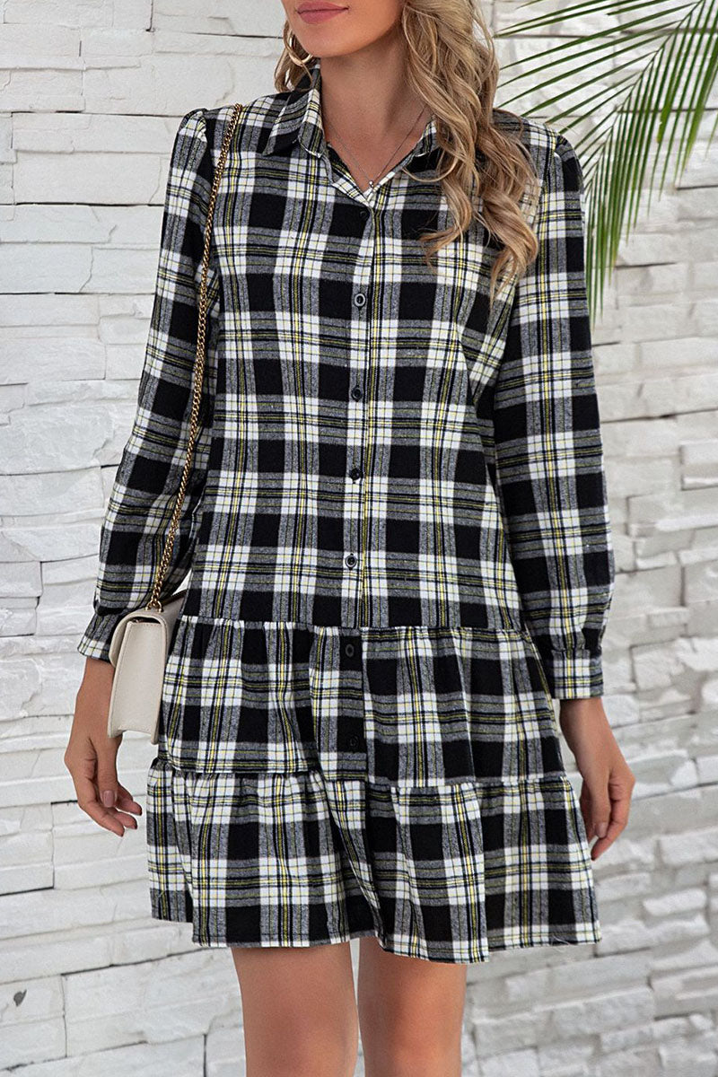 British Style Plaid Print Patchwork Turndown Collar Dresses(3 colors) - Fashionpara