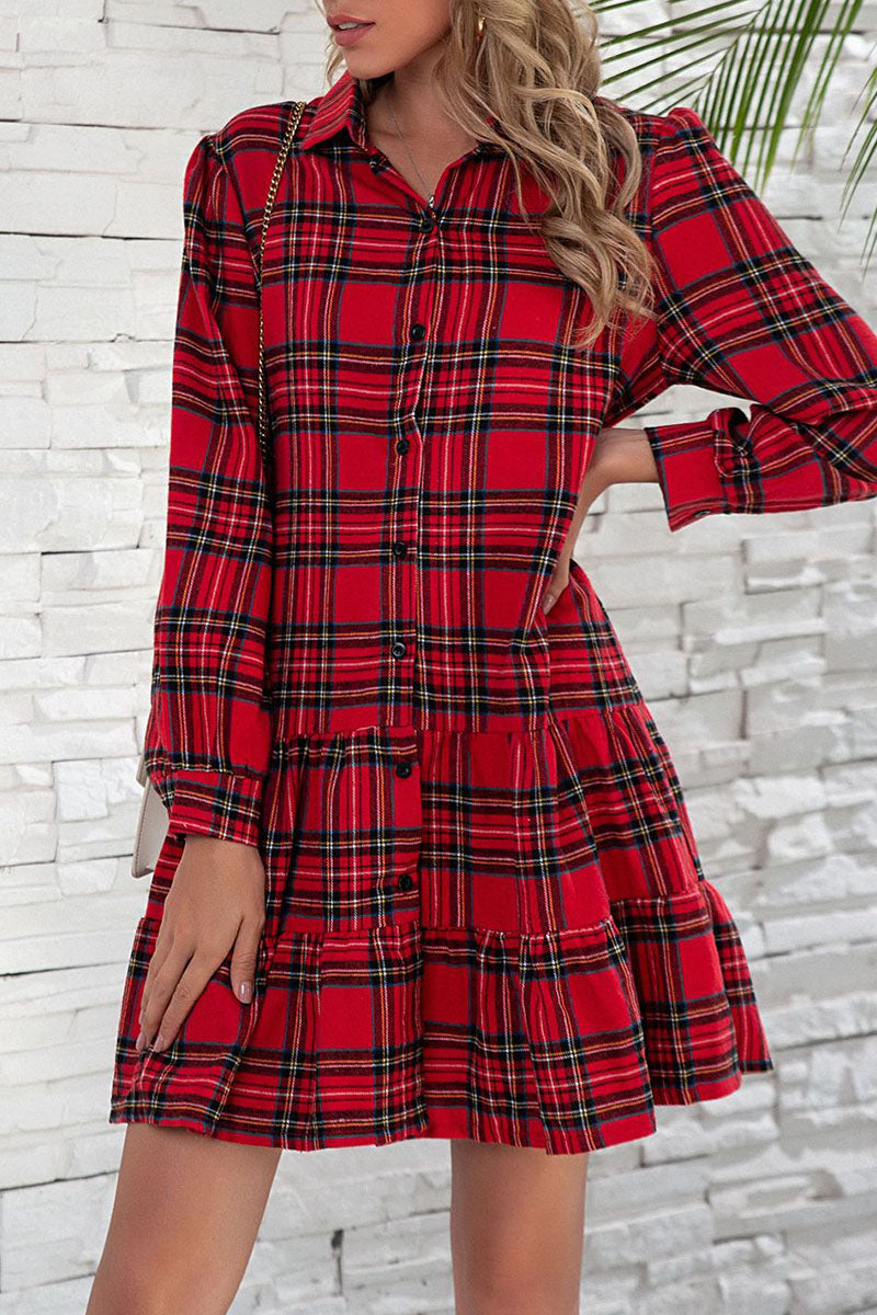 British Style Plaid Print Patchwork Turndown Collar Dresses(3 colors) - Fashionpara
