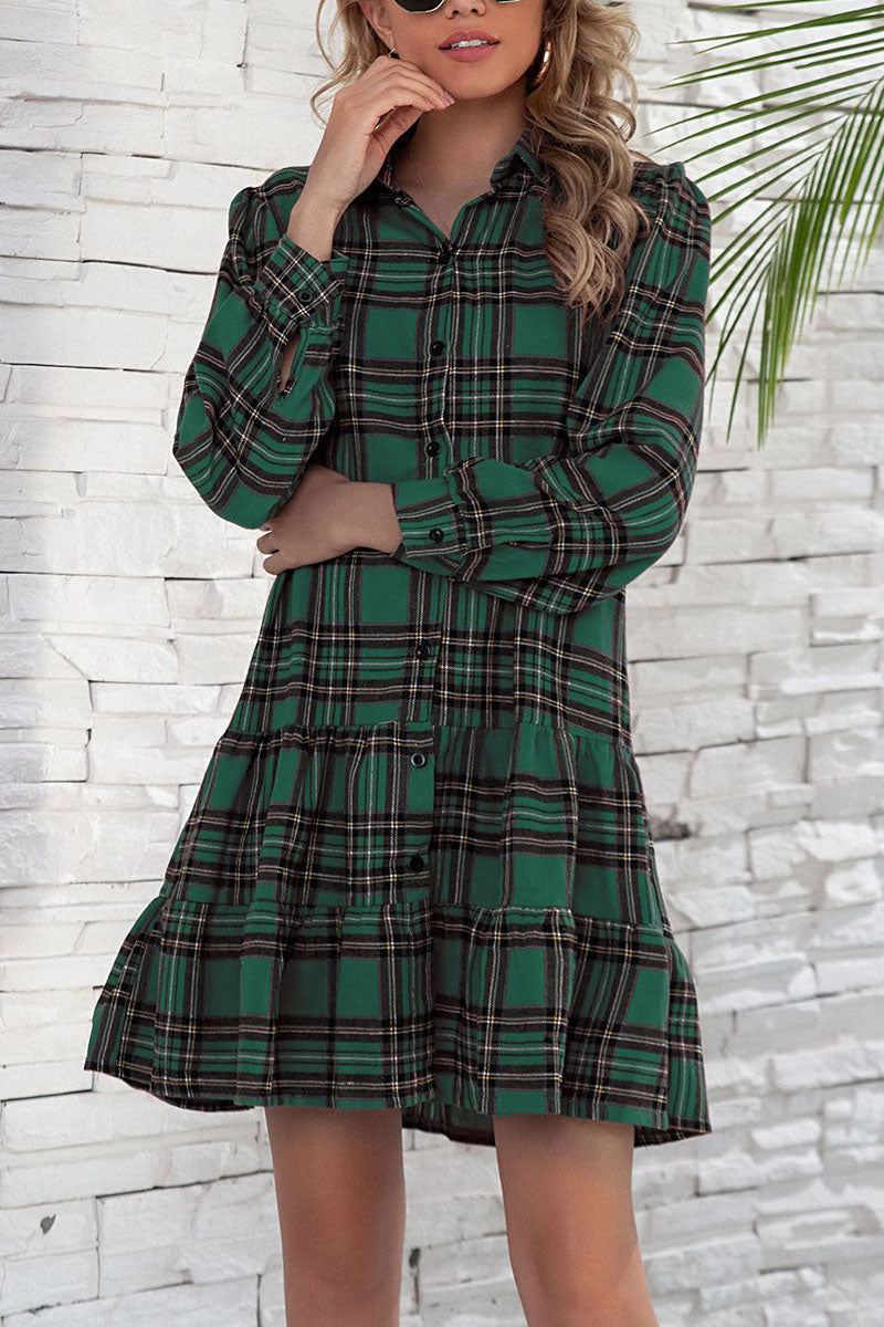 British Style Plaid Print Patchwork Turndown Collar Dresses(3 colors) - Fashionpara