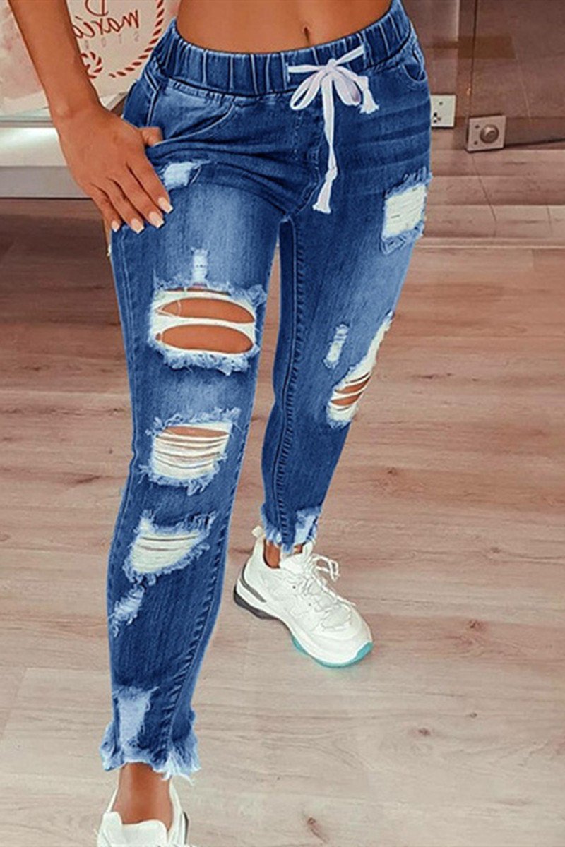 Fashion Casual Solid Ripped Mid Waist Regular Jeans - Fashionpara