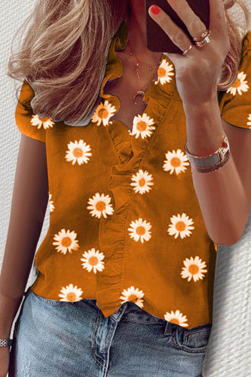 Daily Print Flounce V Neck Blouses(10 Colors) - Fashionpara