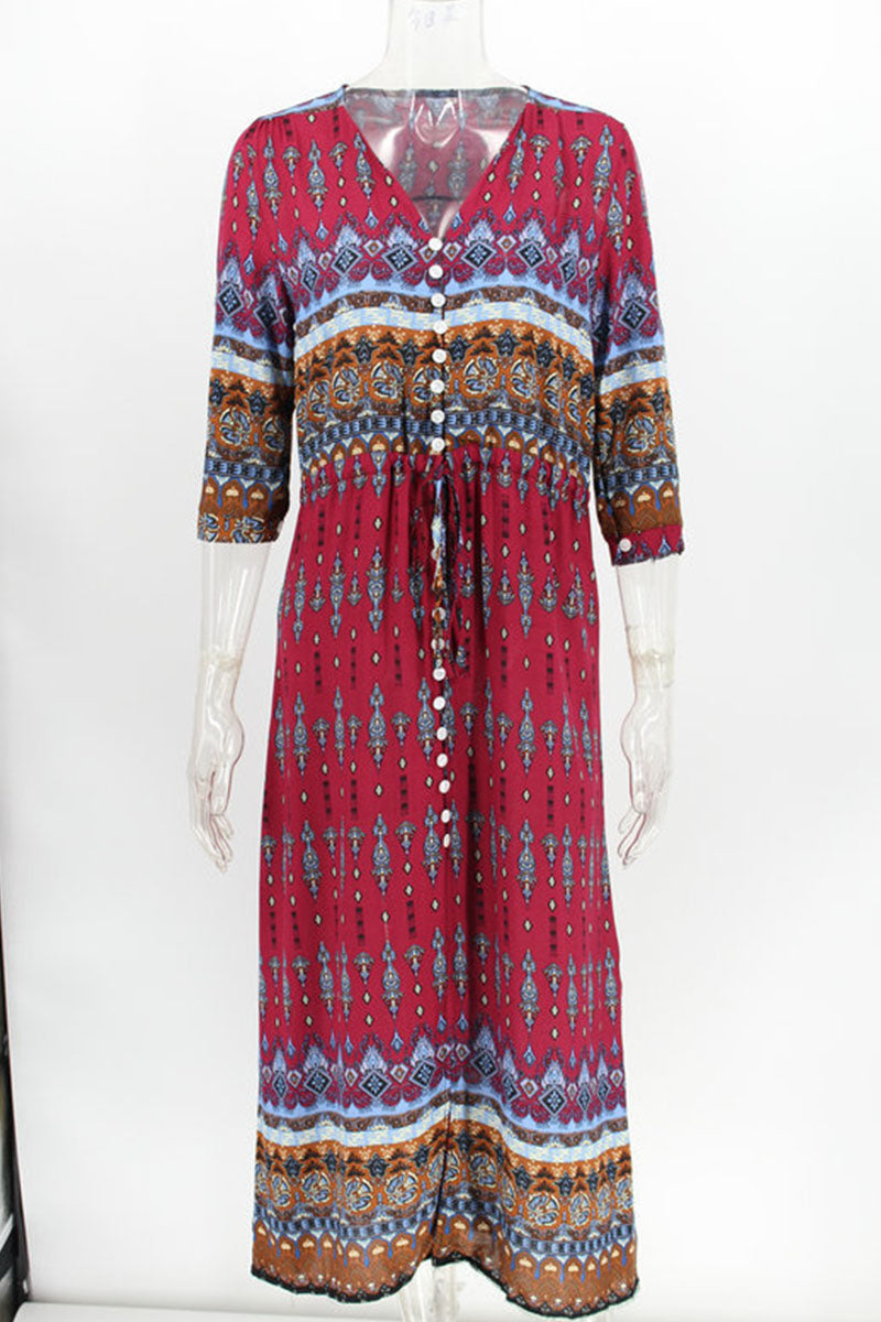 Fashion Street Print Patchwork V Neck Printed Dresses(4 Colors) - Fashionpara