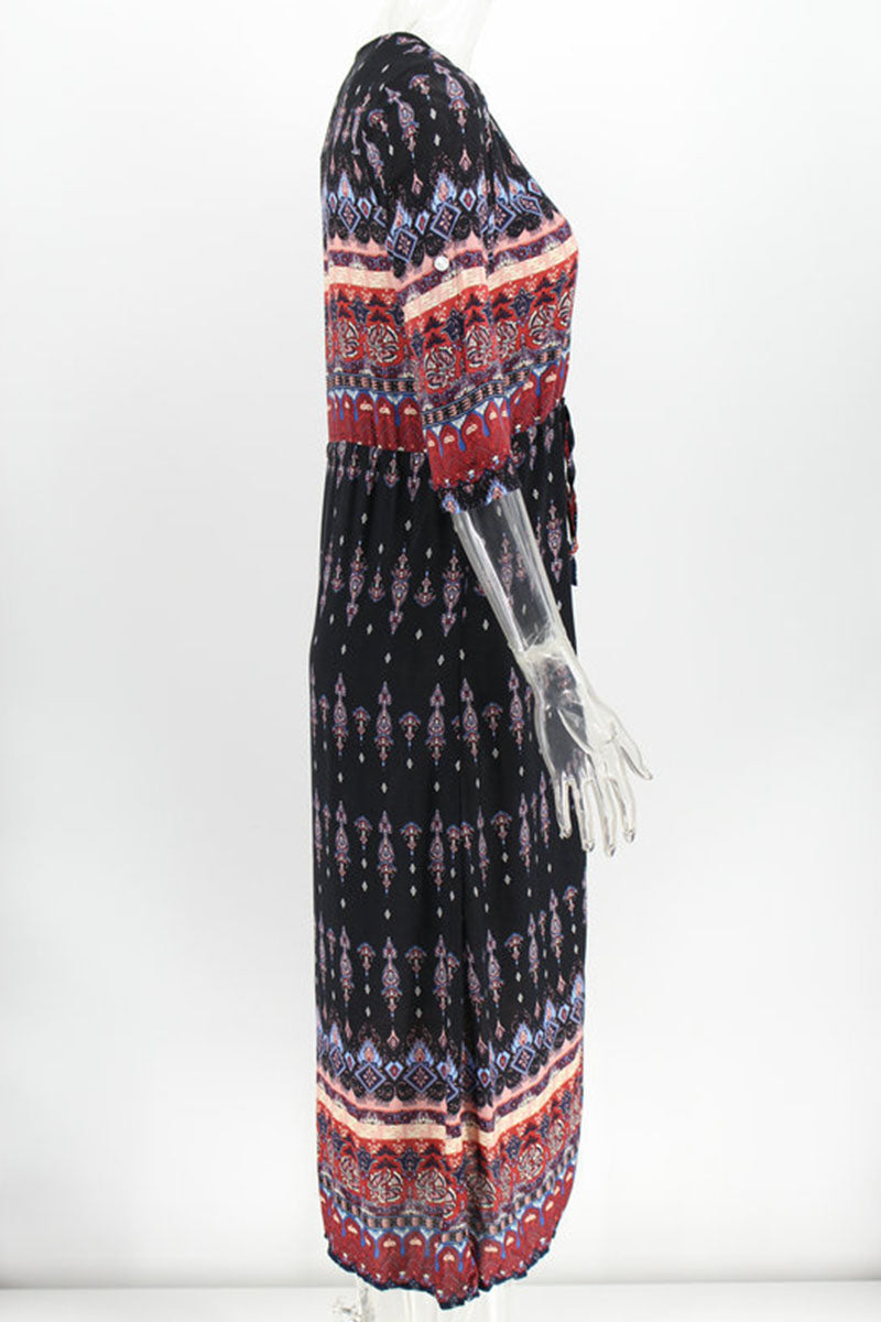 Fashion Street Print Patchwork V Neck Printed Dresses(4 Colors) - Fashionpara