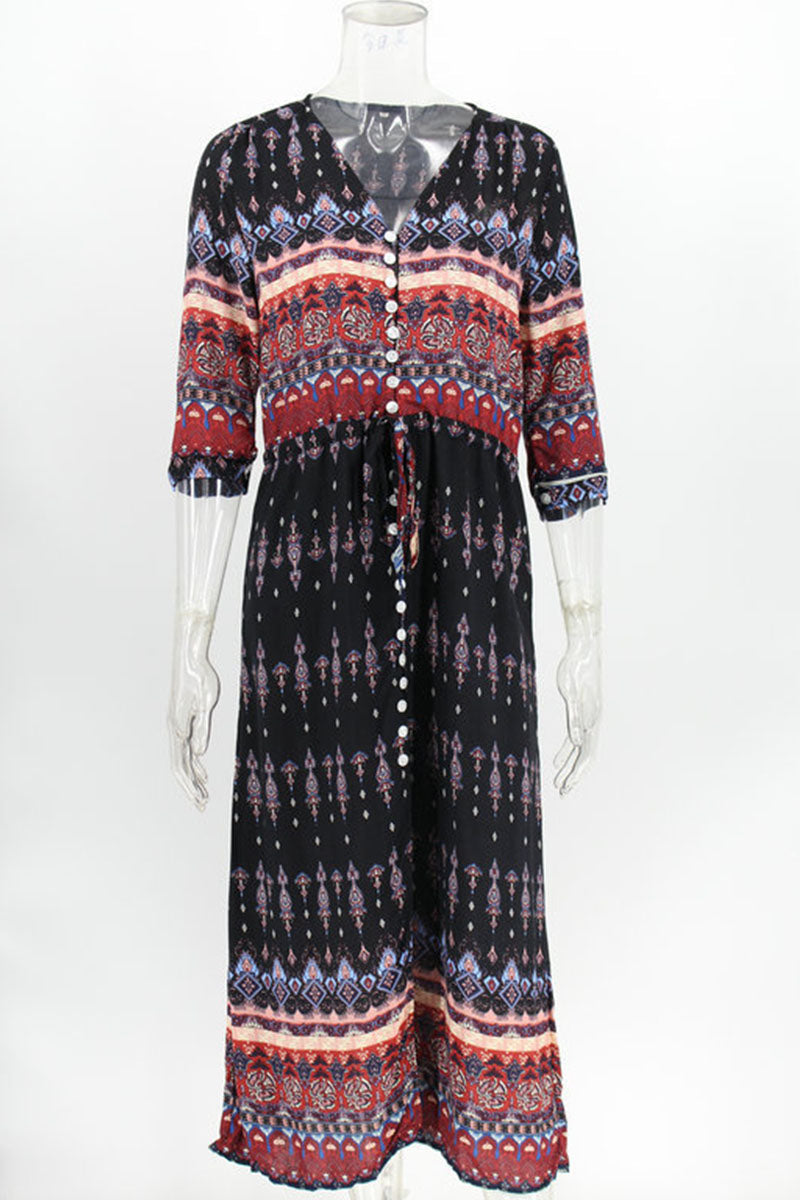 Fashion Street Print Patchwork V Neck Printed Dresses(4 Colors) - Fashionpara