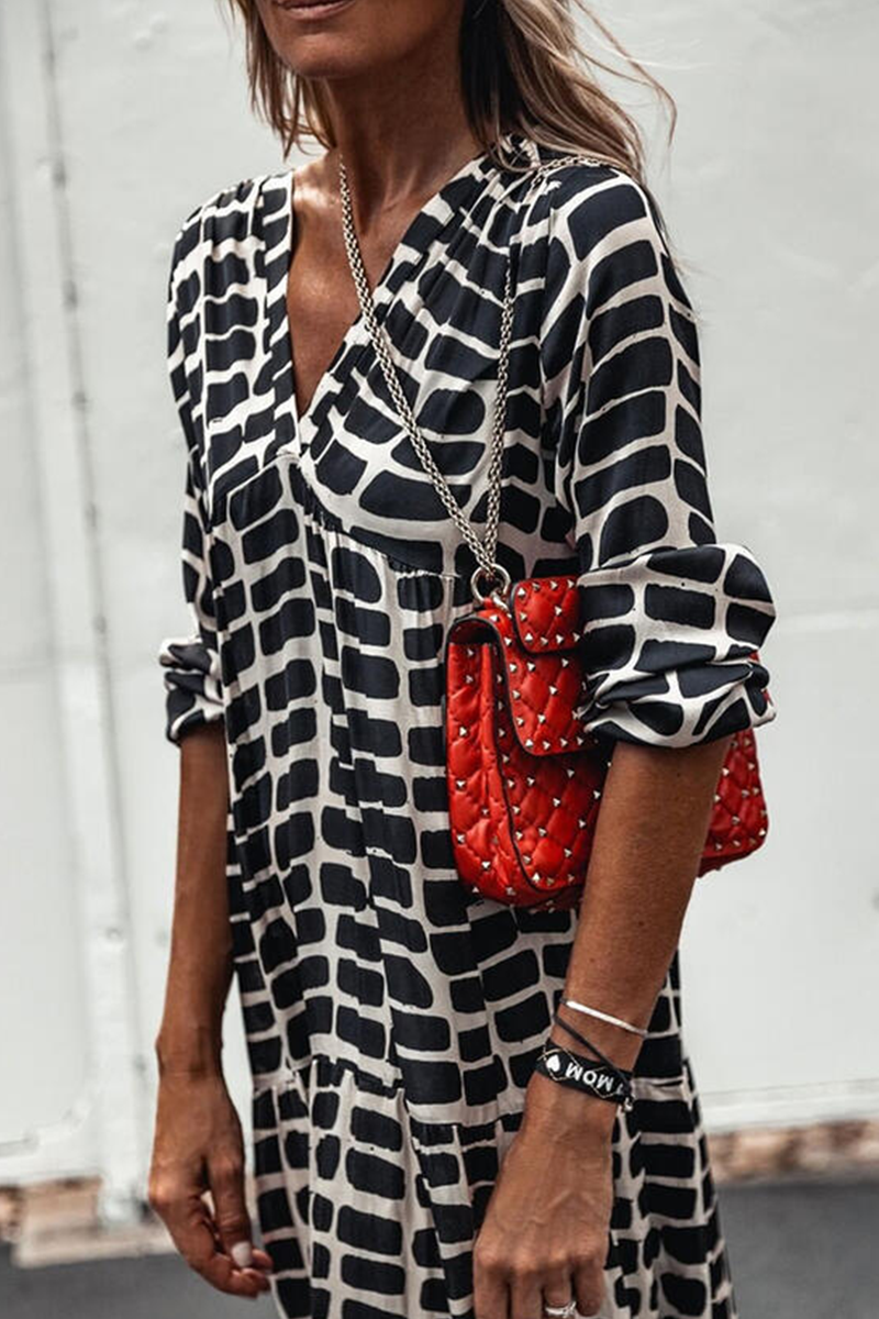 Casual Print Patchwork Pullovers Basic V Neck A Line Dresses Fashionpara