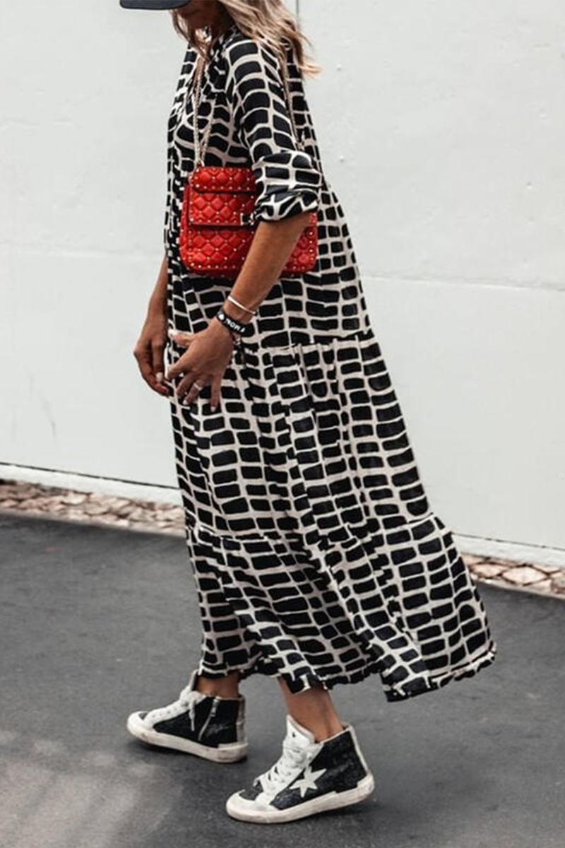 Casual Print Patchwork Pullovers Basic V Neck A Line Dresses Fashionpara