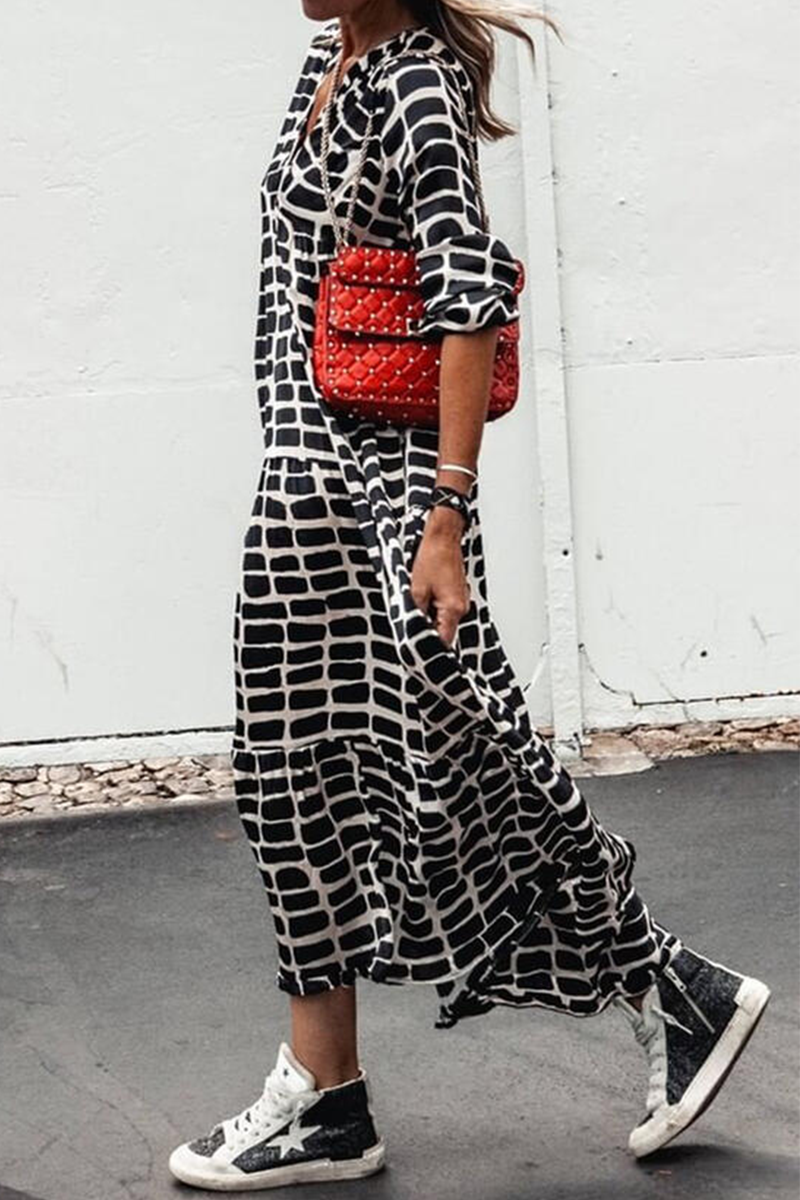 Casual Print Patchwork Pullovers Basic V Neck A Line Dresses Fashionpara